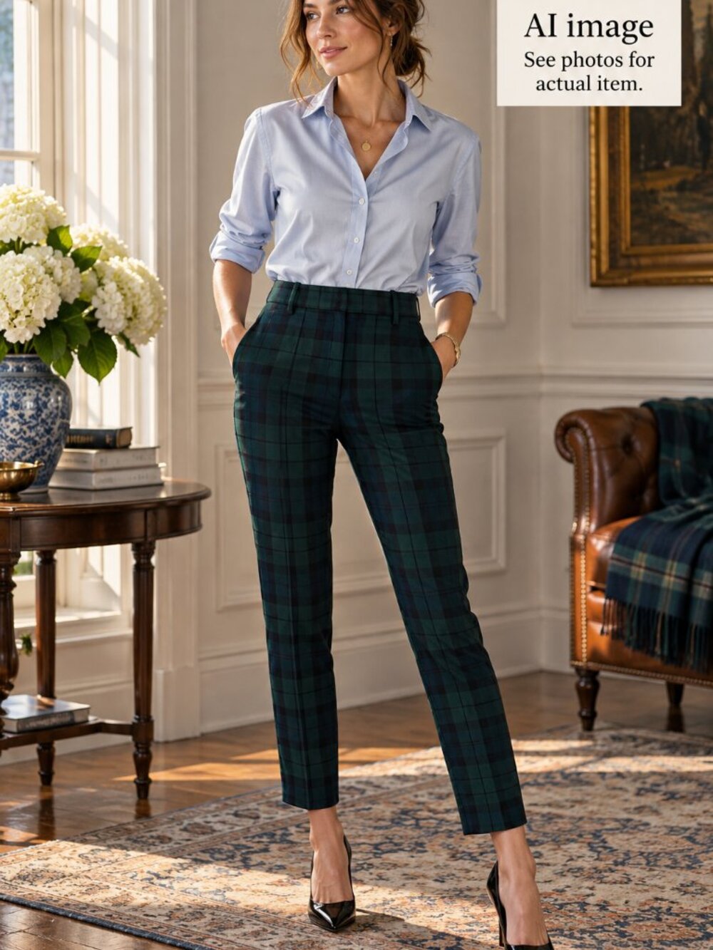 J. Crew Green & Navy Plaid Straight-Leg Pants